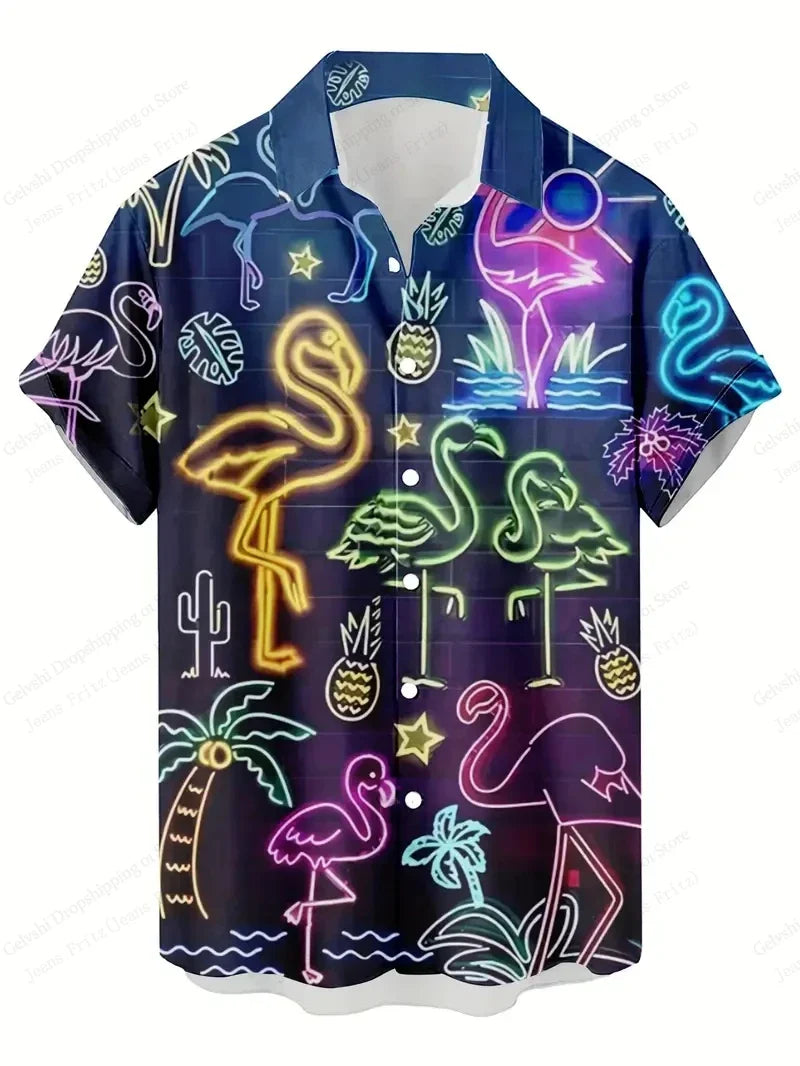 Summer Men Vocation Lapel Camisa Oversized Hawaiian Shirts Flamingo
