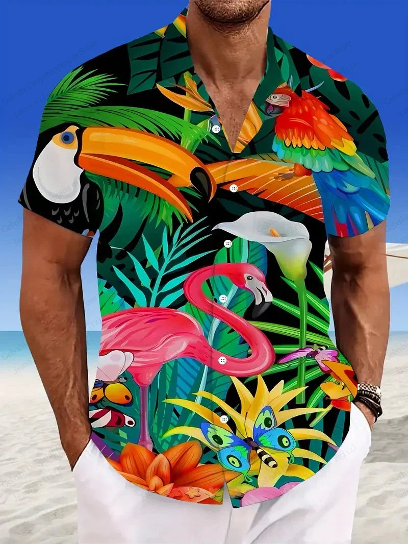 Summer Men Vocation Lapel Camisa Oversized Hawaiian Shirts Flamingo