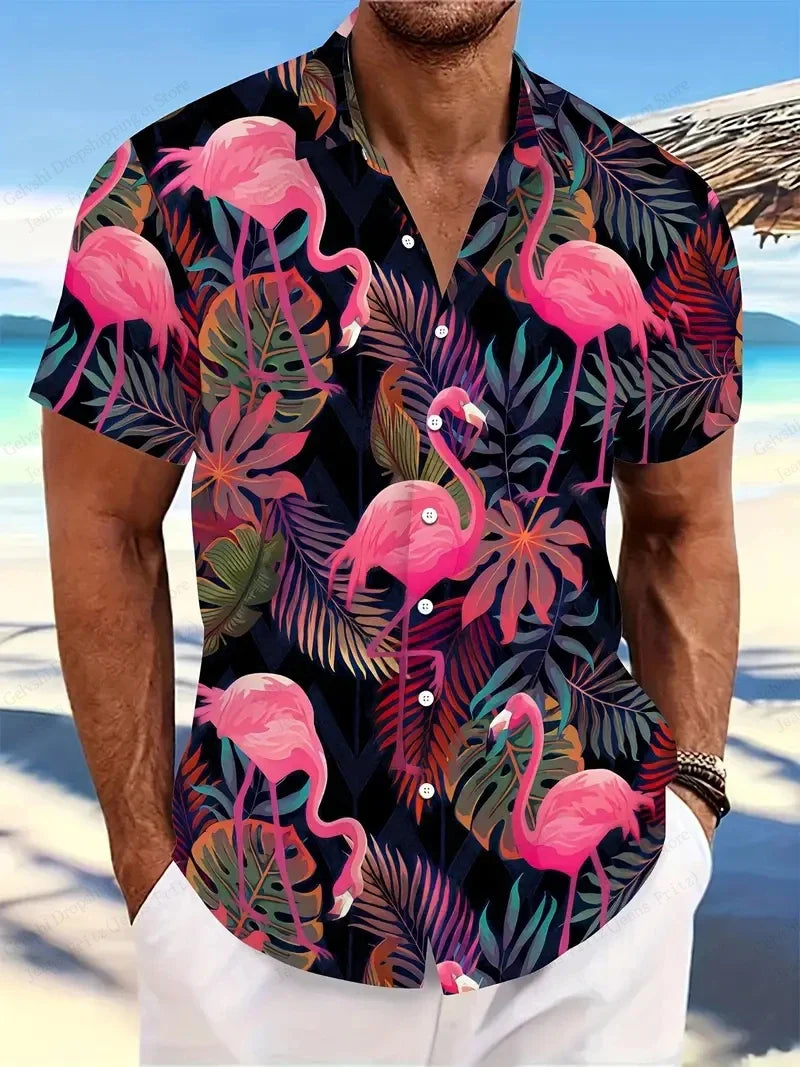 Summer Men Vocation Lapel Camisa Oversized Hawaiian Shirts Flamingo