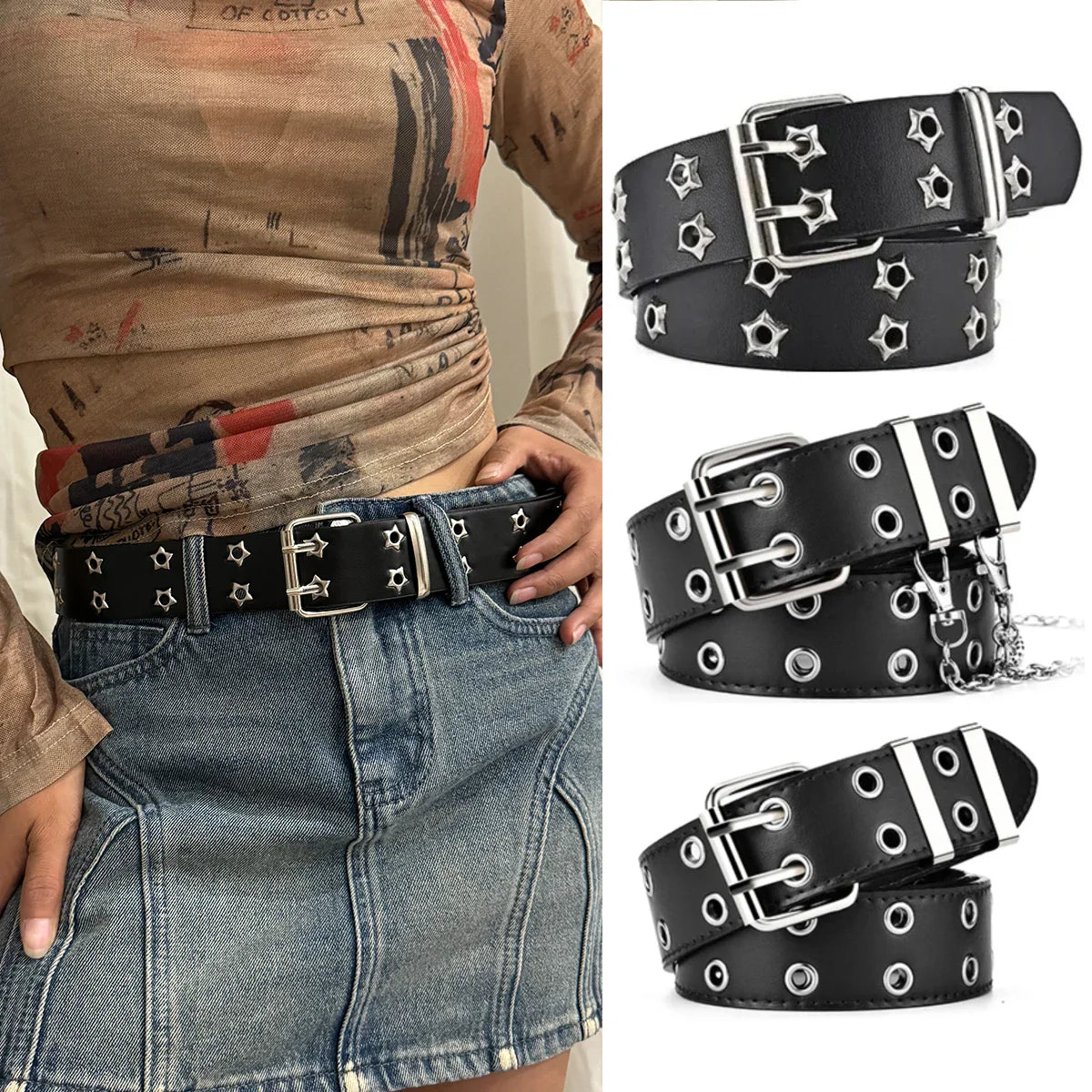 Hip Hop Belt – Double Hole Y2K Punk Belt, Unisex, Punch-Free & Adjustable