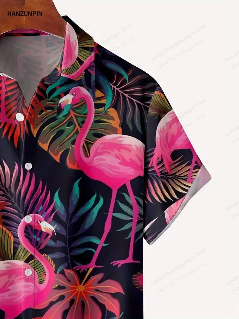 Summer Men Vocation Lapel Camisa Oversized Hawaiian Shirts Flamingo
