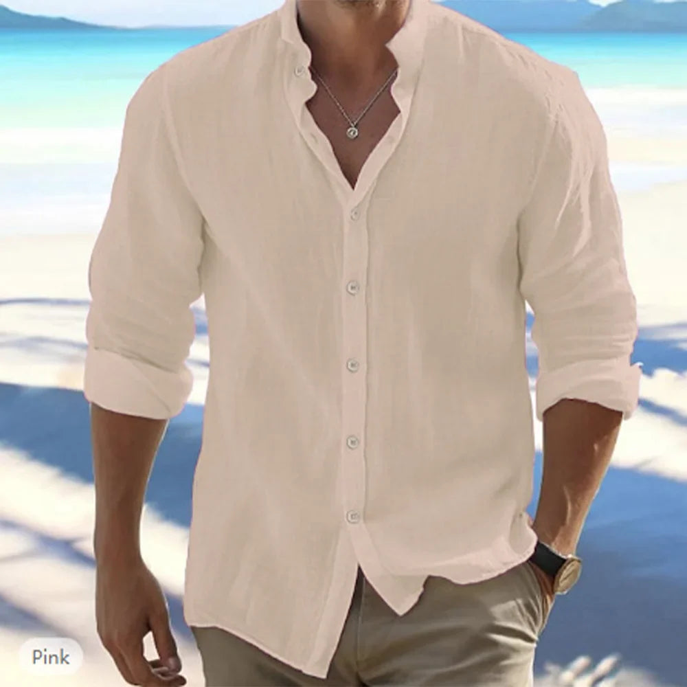 Men Long-Sleeved Shirts Summer Solid Color Stand-Up Collar Beach Style