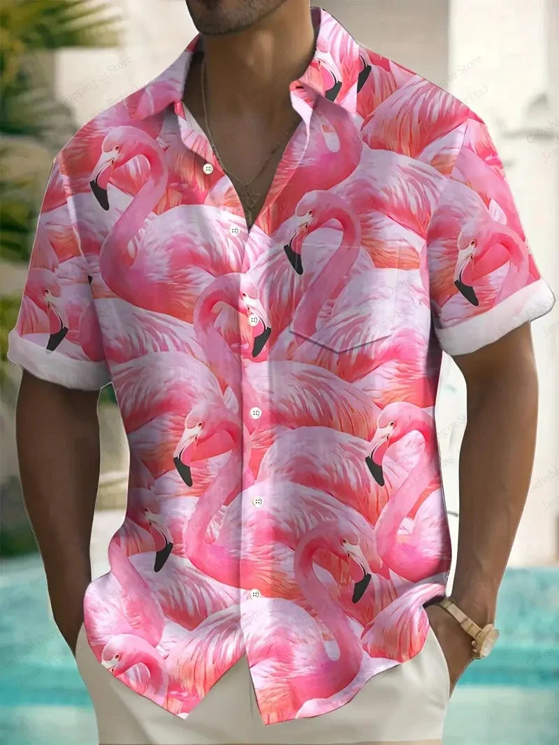 Summer Men Vocation Lapel Camisa Oversized Hawaiian Shirts Flamingo