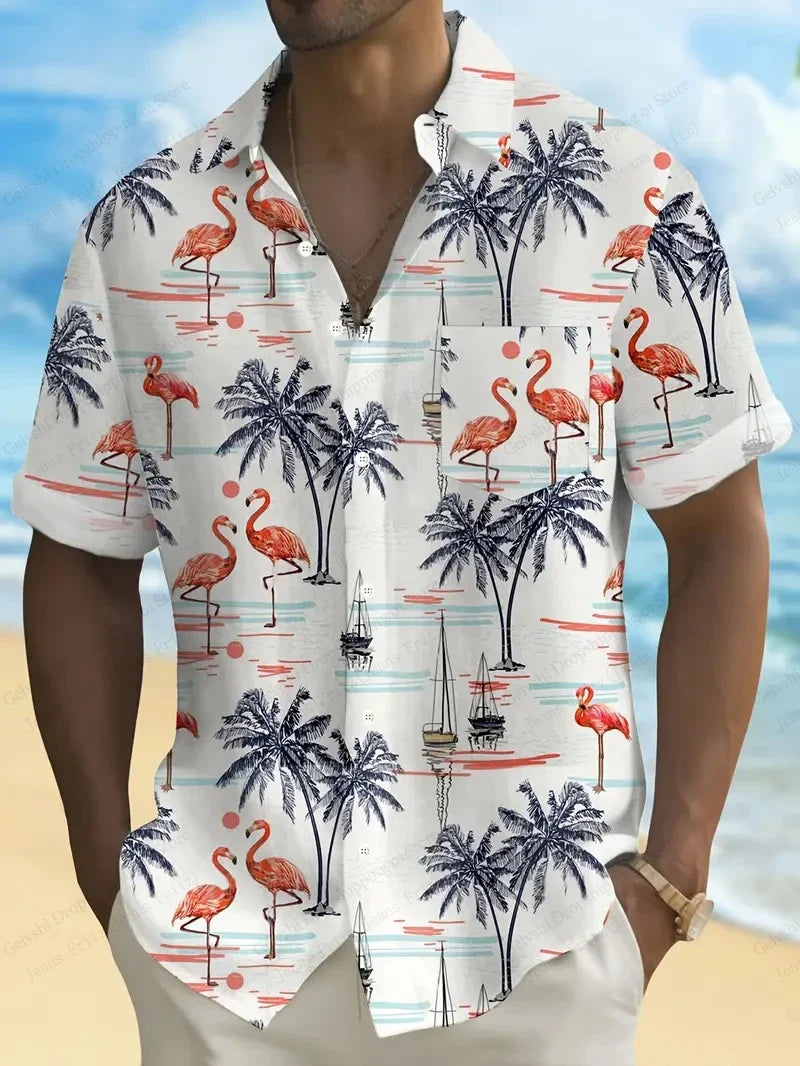 Summer Men Vocation Lapel Camisa Oversized Hawaiian Shirts Flamingo