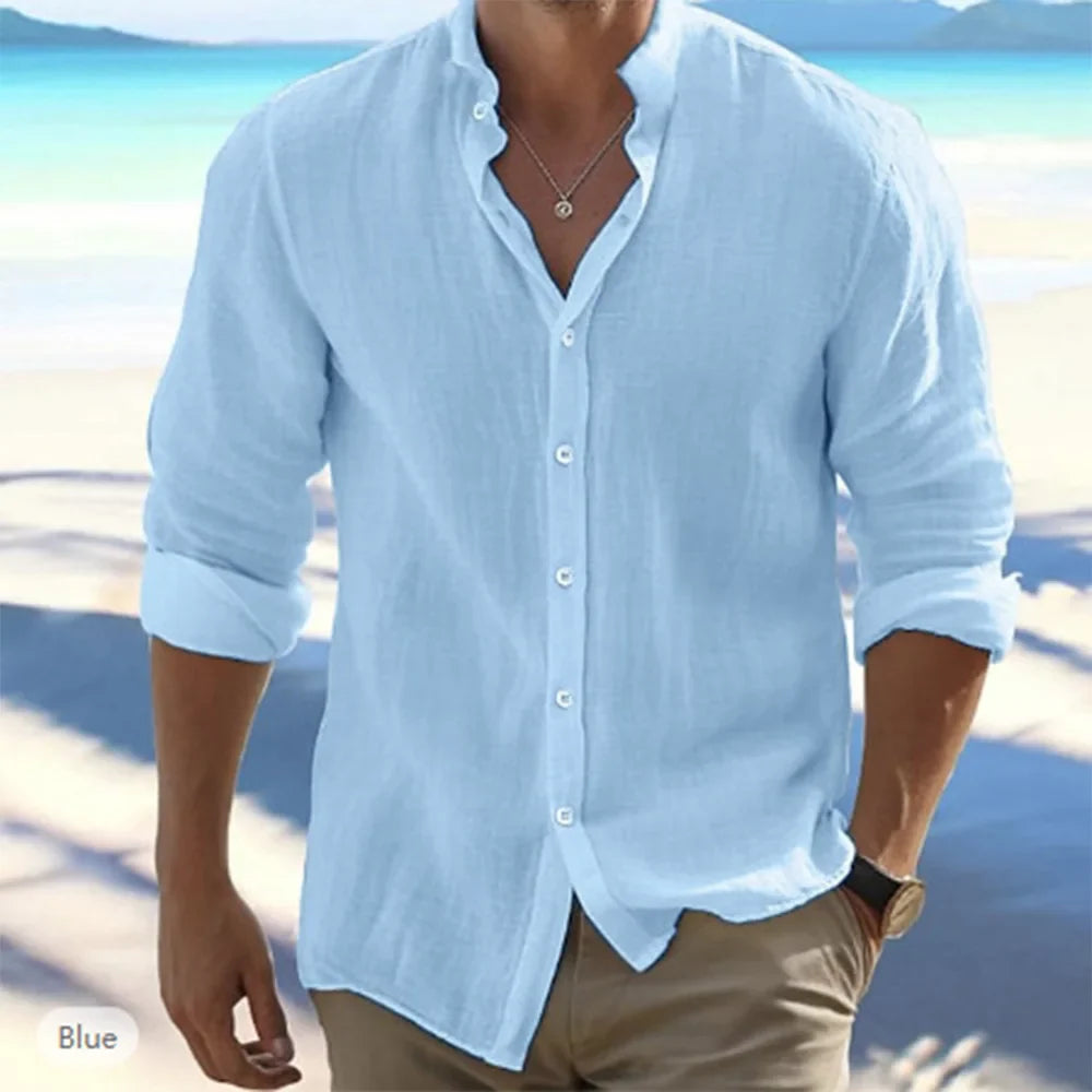 Men Long-Sleeved Shirts Summer Solid Color Stand-Up Collar Beach Style