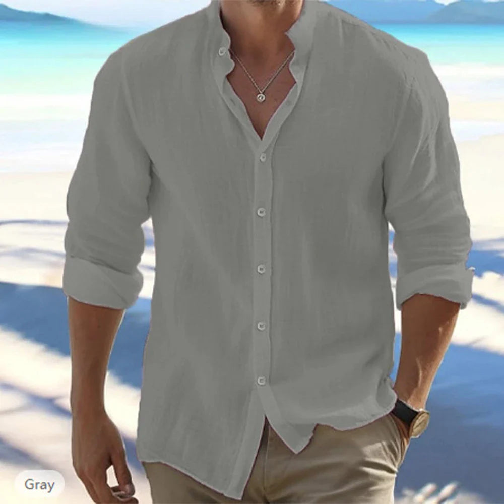 Men Long-Sleeved Shirts Summer Solid Color Stand-Up Collar Beach Style