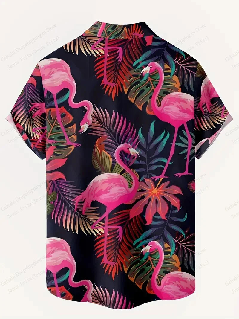 Summer Men Vocation Lapel Camisa Oversized Hawaiian Shirts Flamingo