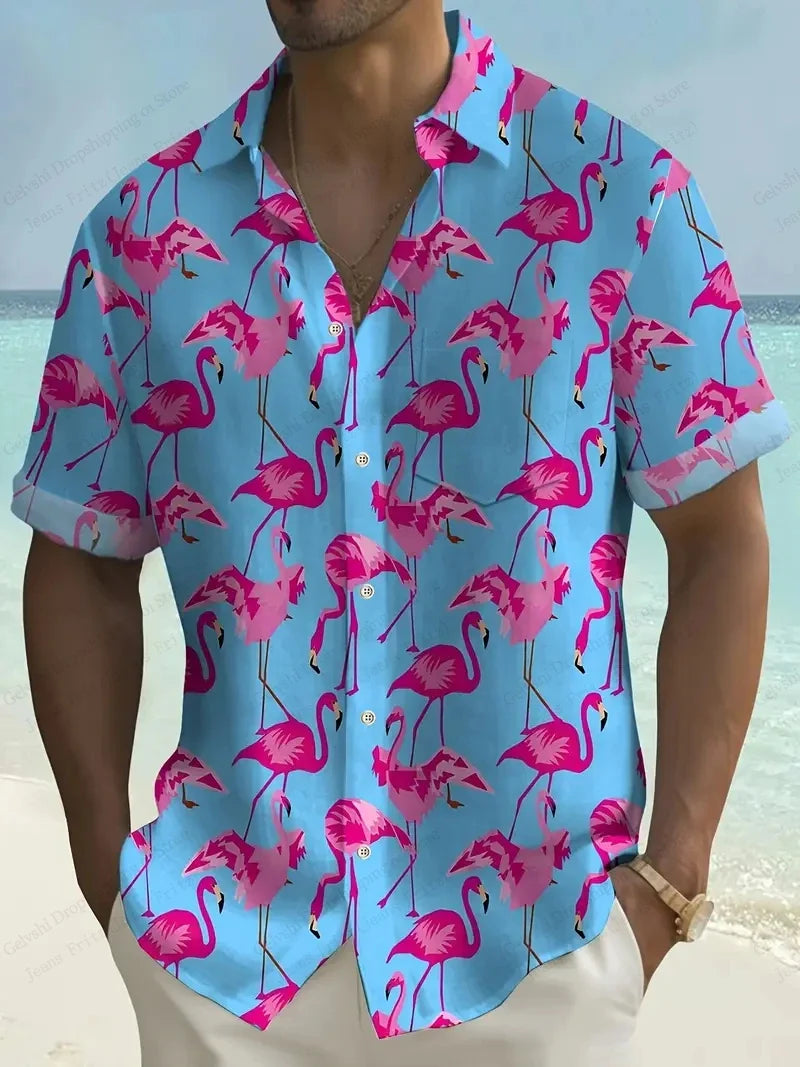 Summer Men Vocation Lapel Camisa Oversized Hawaiian Shirts Flamingo