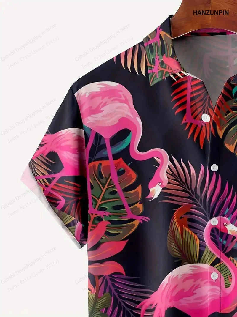 Summer Men Vocation Lapel Camisa Oversized Hawaiian Shirts Flamingo
