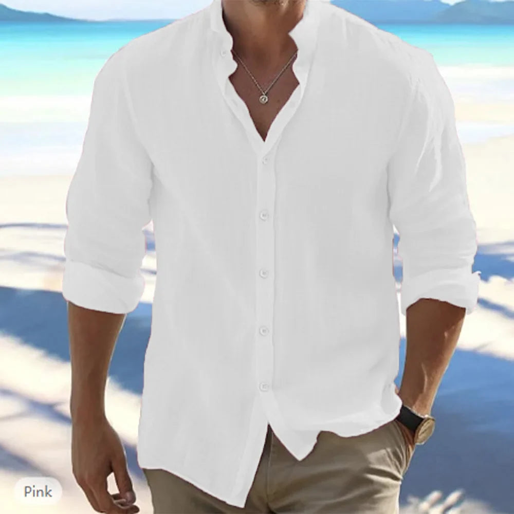 Men Long-Sleeved Shirts Summer Solid Color Stand-Up Collar Beach Style