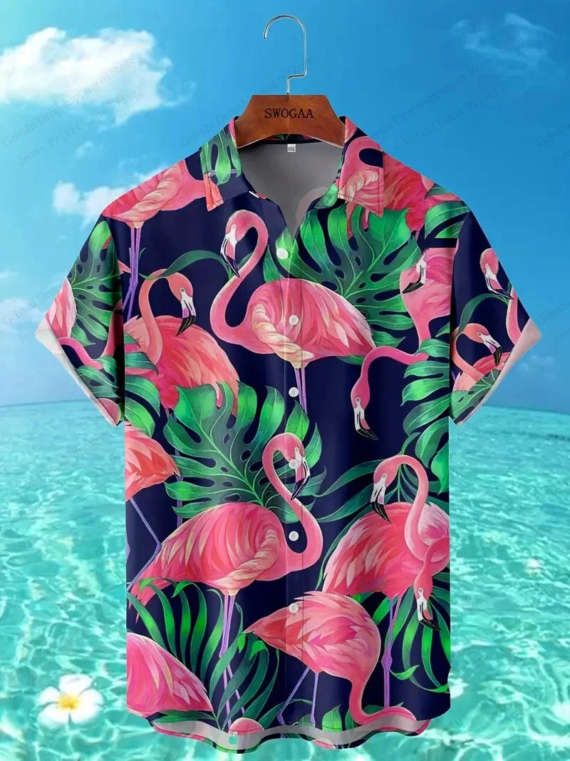 Summer Men Vocation Lapel Camisa Oversized Hawaiian Shirts Flamingo