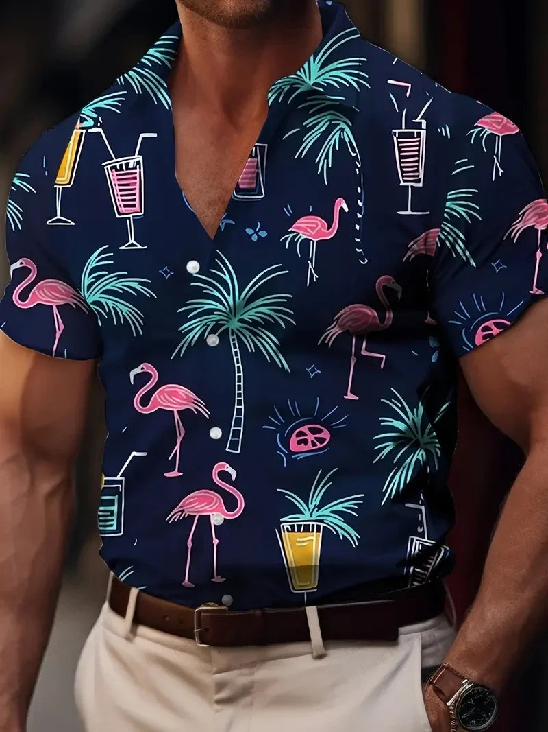 Summer Men Vocation Lapel Camisa Oversized Hawaiian Shirts Flamingo