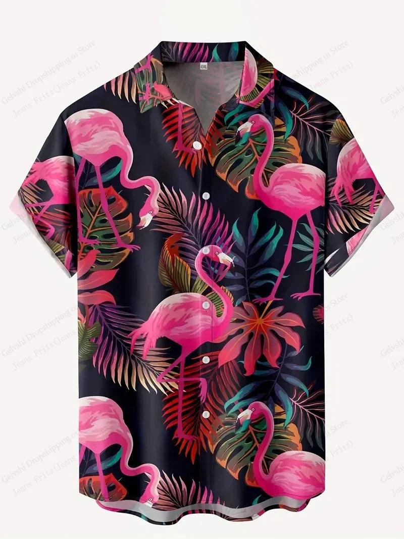 Summer Men Vocation Lapel Camisa Oversized Hawaiian Shirts Flamingo