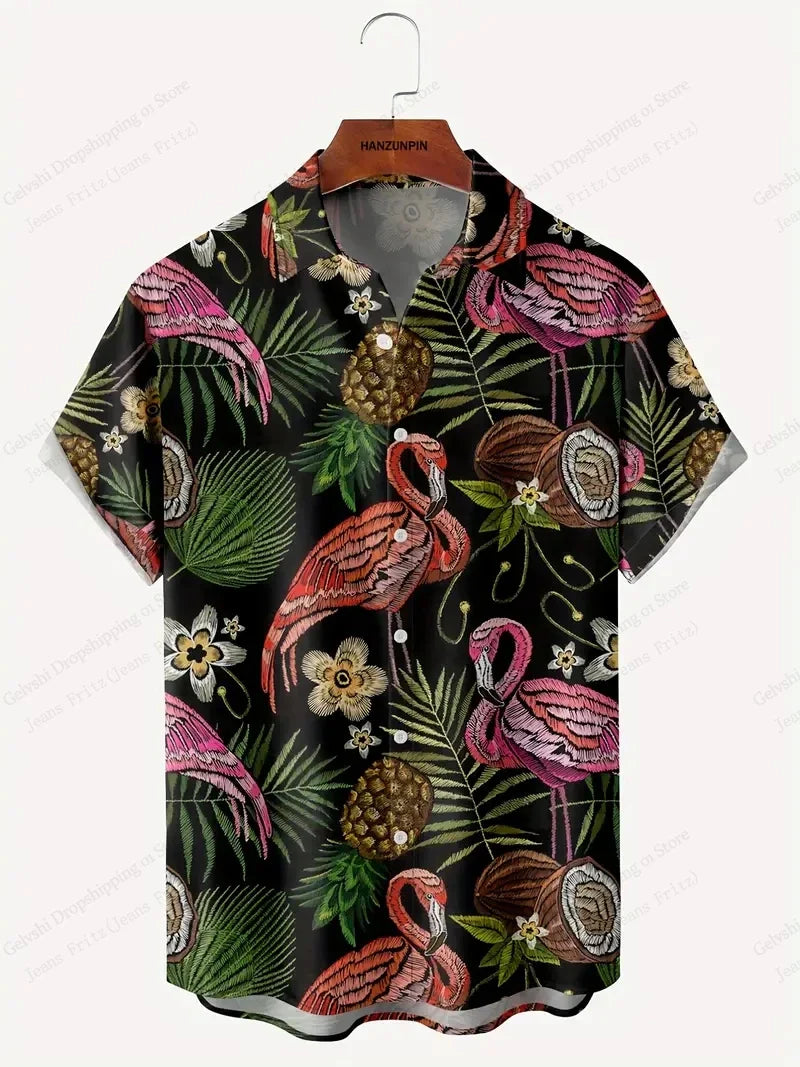 Summer Men Vocation Lapel Camisa Oversized Hawaiian Shirts Flamingo