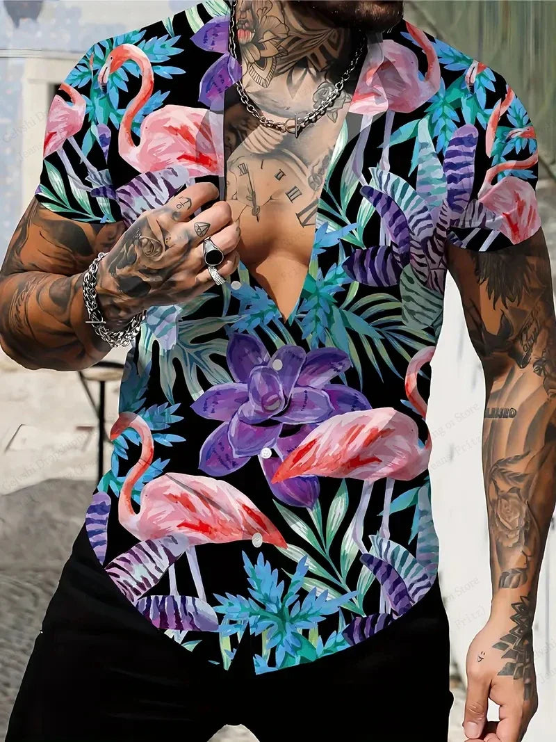 Summer Men Vocation Lapel Camisa Oversized Hawaiian Shirts Flamingo